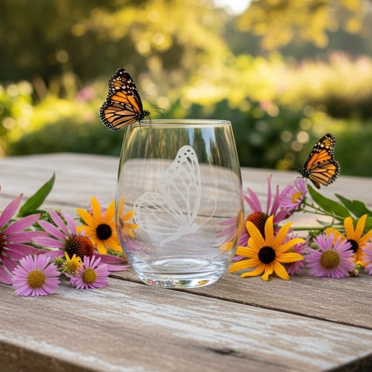 Hand Etched Wine Glass - Botanical Minimal Designs - Hand-etched Glass Gift