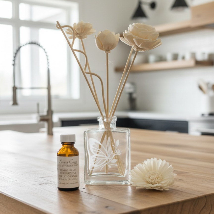 Etched Glass Reed Diffuser - Calming Designs- Essential oils - Natural Home Aromatherapy Gift