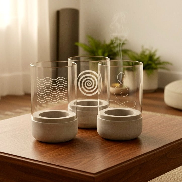 Etched Glass Candle Holder with Cement Base - Hand-etched Modern Rustic Home Decor