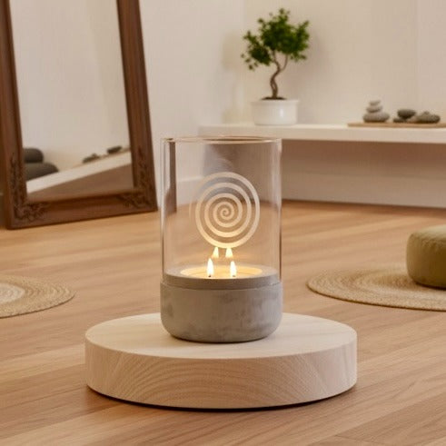 Etched Glass Candle Holder with Cement Base - Hand-etched Modern Rustic Home Decor