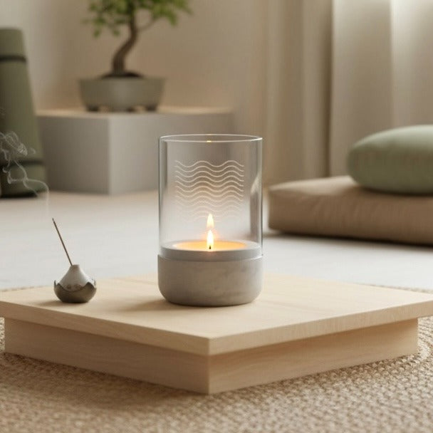 Etched Glass Candle Holder with Cement Base - Hand-etched Modern Rustic Home Decor