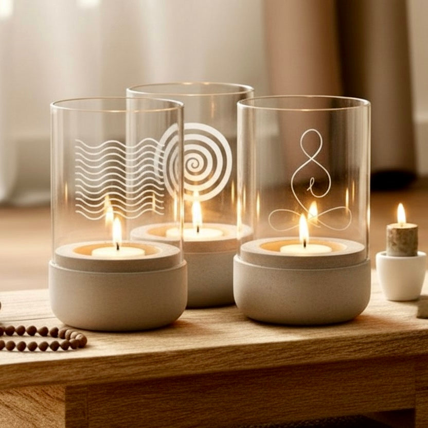 Etched Glass Candle Holder with Cement Base - Hand-etched Modern Rustic Home Decor