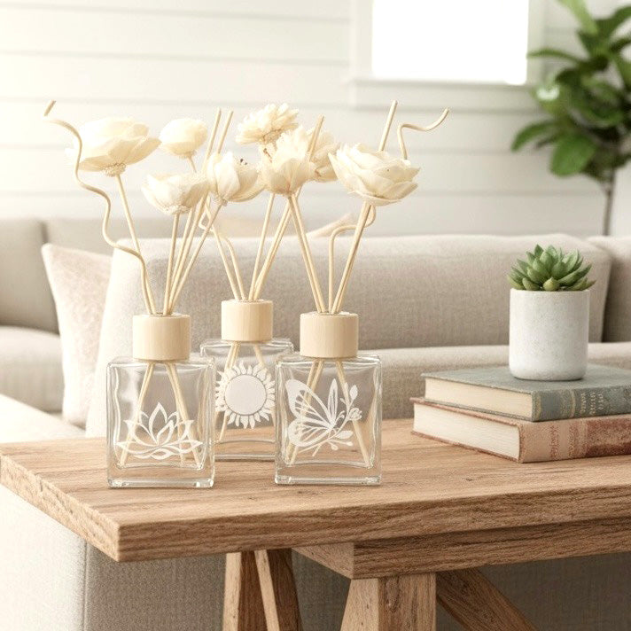 Etched Glass Reed Diffuser - Calming Designs- Essential oils - Natural Home Aromatherapy Gift