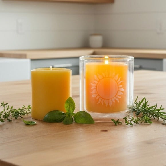 Beeswax Pillar Candle in Etched Glass Holder - Handmade Botanical Home Decor Gift