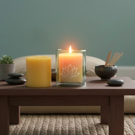 Beeswax Pillar Candle in Etched Glass Holder - Handmade Botanical Home Decor Gift